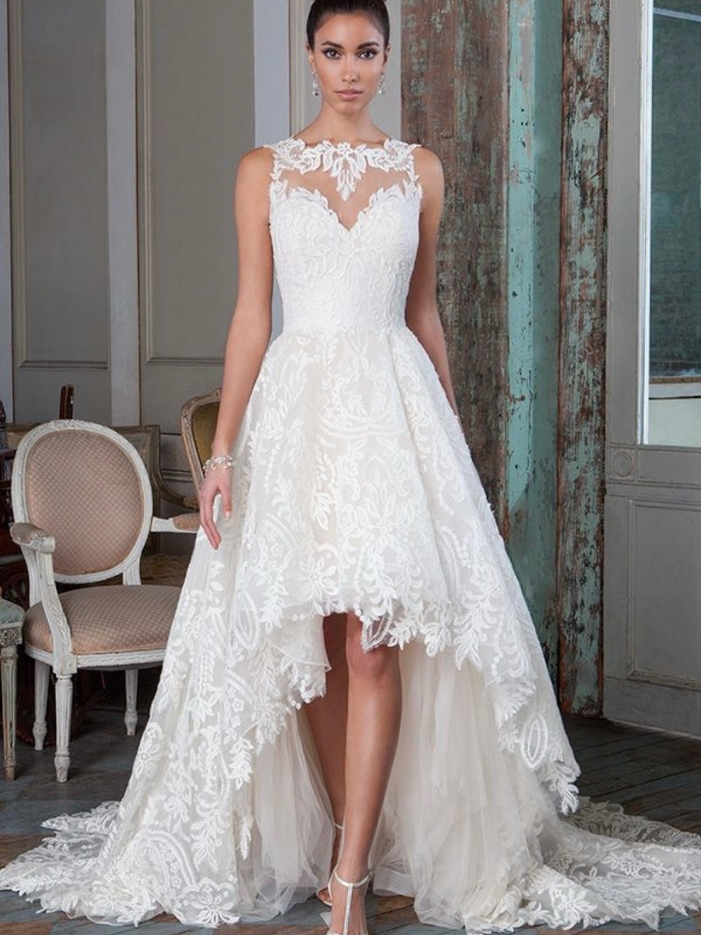 Marchesa White Lace High-Low Wedding Gown with sequence belt - Size 2